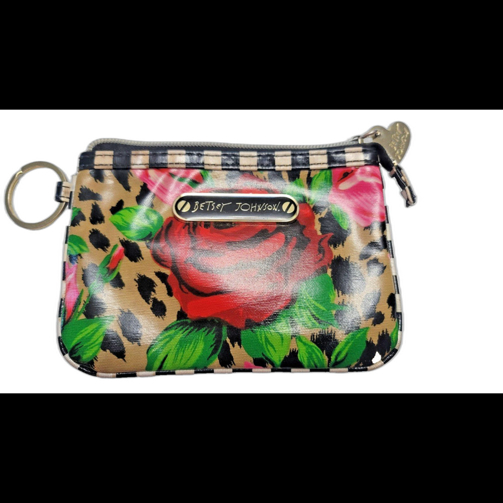 Betsy Johnson Wristlet Bag Roses/Leopard Zip Top Clip Handle - Picture 4 of 5